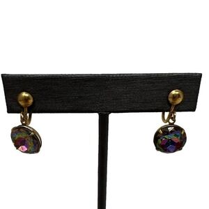 Vintage Screw On Earrings Gold Tone Faceted AB Stones Dangle Drop